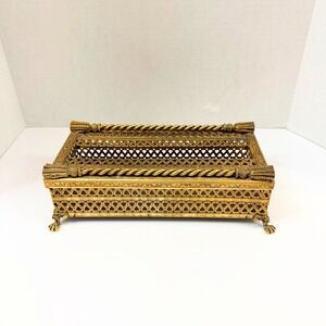 Vintage Gilt Metal Filigree Tissue Box Cover Hollywood Regency Gold Tone